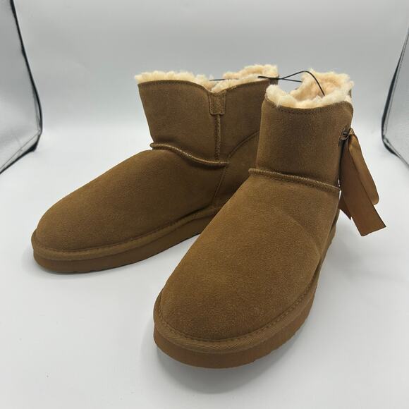 PAWZ by BEARPAW Boots Women’s 10 Chestnut Suede Ribbon Bow Shearling Lined New - Picture 12 of 14